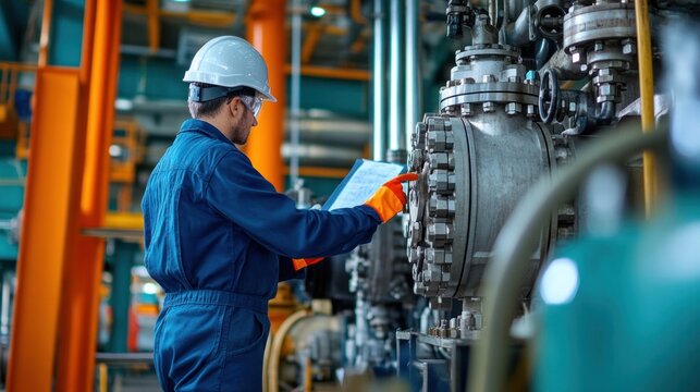 An industrial workplace safety check, with engineers verifying that machinery and equipment are installed and maintained correctly