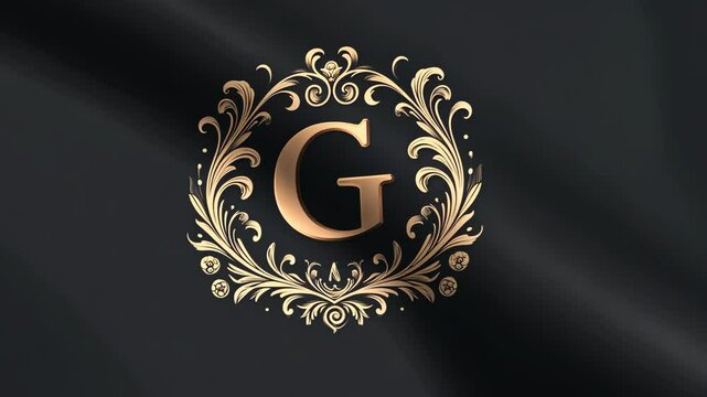 A gold letter G in an ornate floral frame on a black background