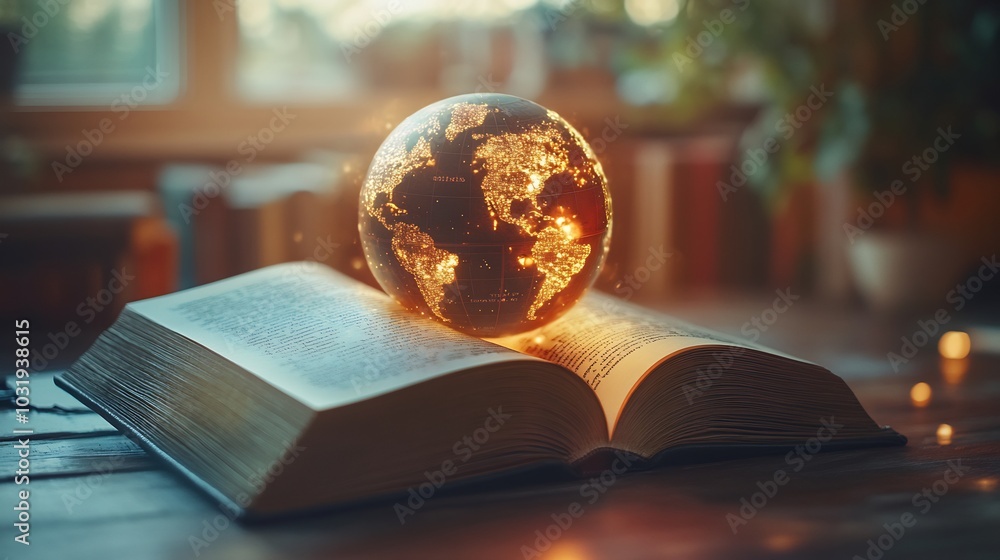 Poster creative literacy day mockup featuring an open novel with a glowing globe emerging from the pages sy