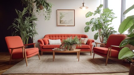 Vintage Mid-Century Modern Living Room Interior with Red Sofa and Lush Green Houseplants
