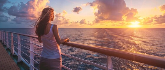 Fototapeta premium A blonde woman on a cruise ship deck gazes at the ocean at sunset, dressed in a white vest, with her hair blowing in the wind. The scene is tranquil and harmonious, bathed in warm sunset colors.