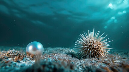 The pearl is smooth and white, while the sea urchin is spiky and brown. The background is dark blue and blurred, creating a sense of depth and mystery.