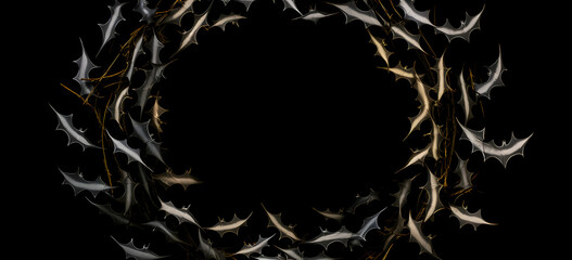 Bats arranged in a circular pattern around a crescent moon, forming a visually striking composition