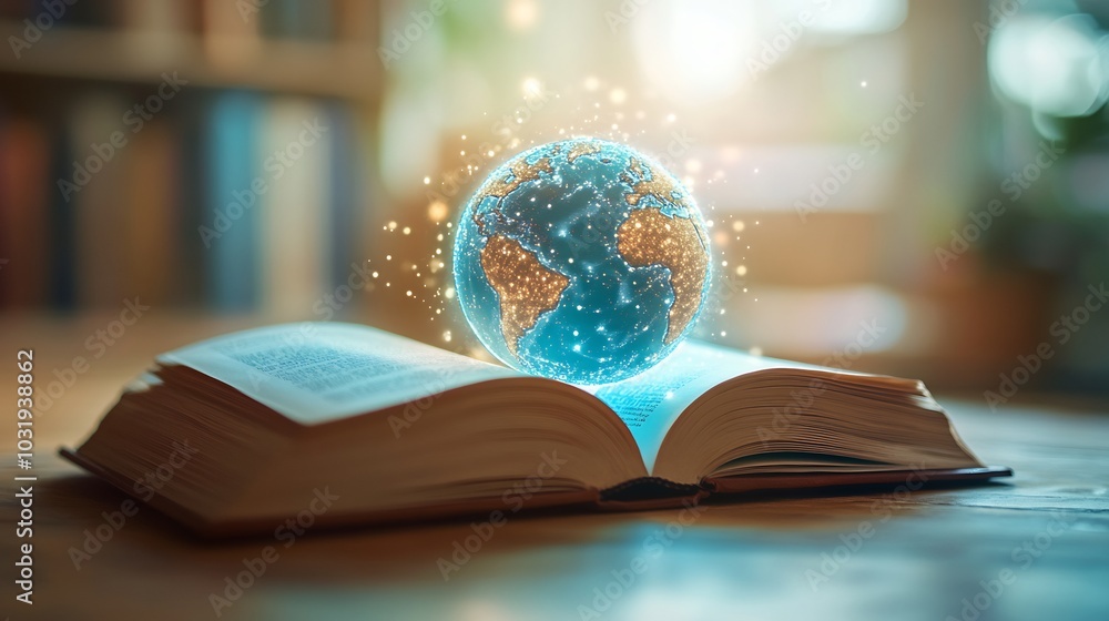 Poster creative literacy day mockup featuring an open novel with a glowing globe emerging from the pages sy