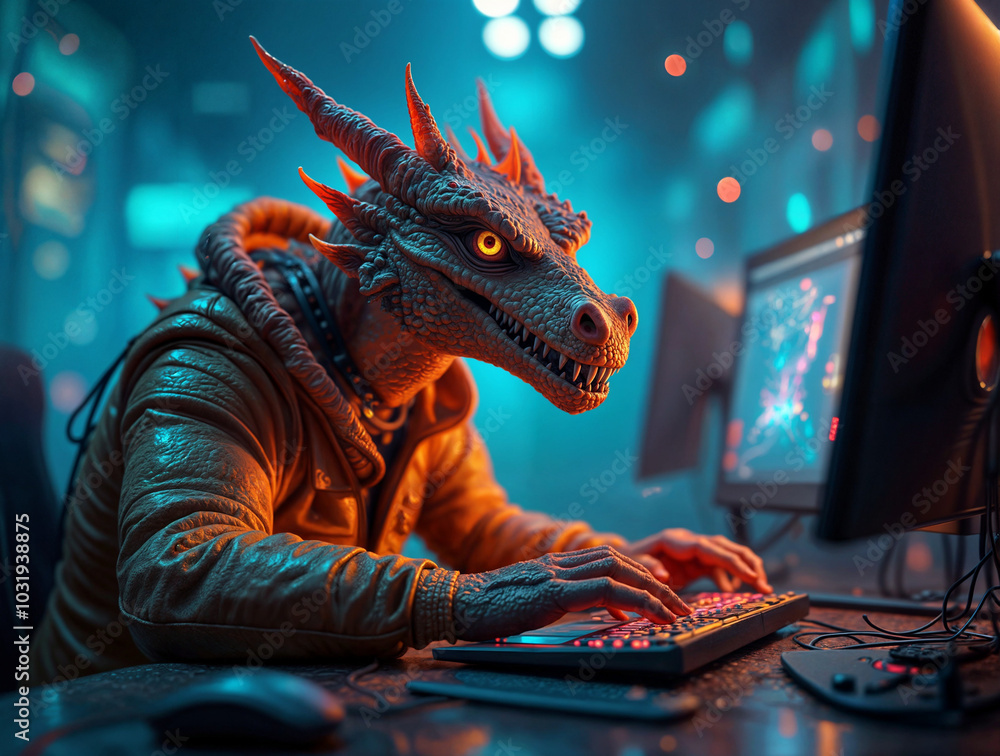 Poster hacker dragon in front of monitor. generative ai