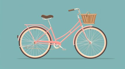 A vintage pink bike with a wicker basket, leather seat, silver bell, and gold brake lever against a teal background evokes a leisurely, nostalgic lifestyle.