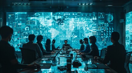 Twelve professionals in a high-tech boardroom with data visualizations on screens, showcasing global business interactions. Futuristic and collaborative atmosphere.