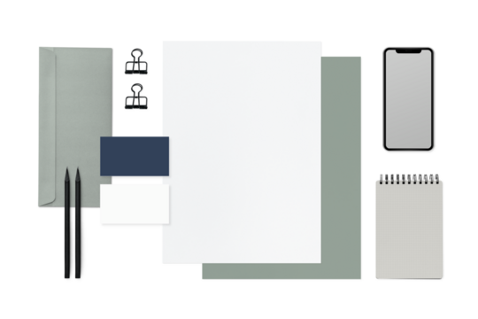 Png stationery set mockup with a mobile phone on transparent background