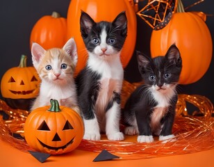 playful kittens pose with Halloween pumpkins in a festive autumn setting