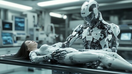 Naklejka premium Future cyborg robot diagnoses and treats another cyborg, scientific medical background