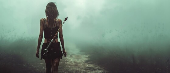 Obraz premium A woman in black, armed with bow, arrow, and sword, stands in a misty forest. Her calm demeanor amidst the mystical setting is striking.