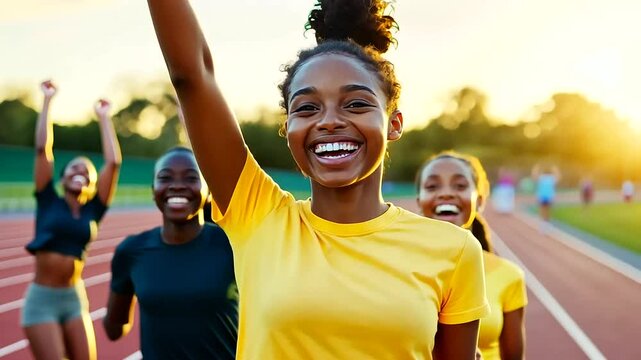 A diverse group of young athletes celebrates after completing a morning workout session at an outdoor track. A smiling woman in sportswear gives a high-five to her teammate