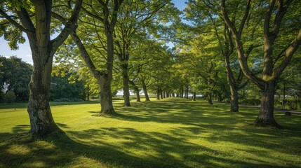Obraz premium A serene park with tall trees casting shadows on green grass, accompanied by a peaceful water body, creates an ideal spot for reflection and outdoor activities.