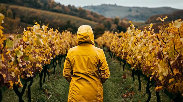 A person in a yellow raincoat walks through rows of golden grapevines in a vineyard