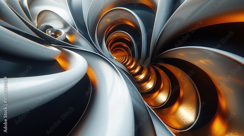 Poster A mesmerizing abstract tunnel design with metallic textures and warm lighting effects.
