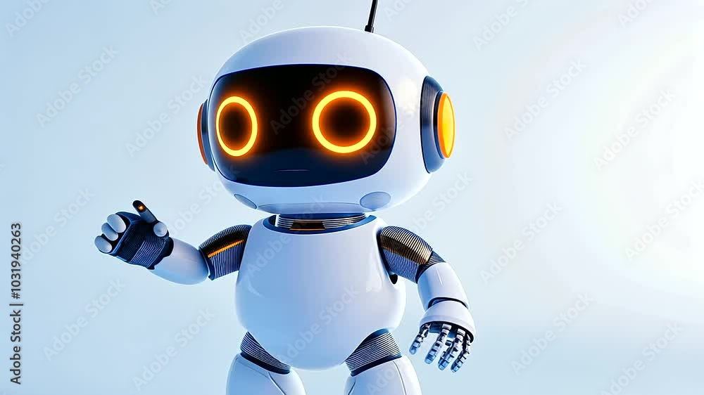 Poster a friendly, futuristic robot with glowing eyes and smooth, rounded edges is standing in a modern set