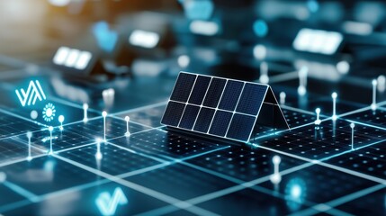 Solar panel on digital grid, symbolizing renewable energy and innovation.