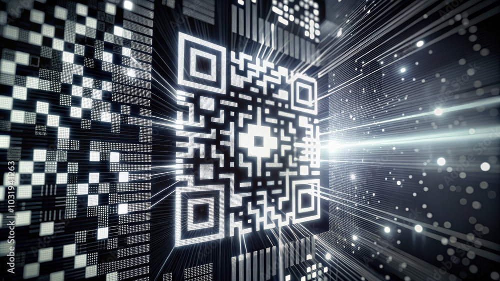 Poster dynamic black and white qr code with horizontal fast movement, barcode illustration, encrypted infor