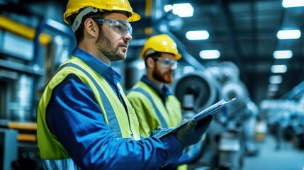 Obraz premium Engineers performing a detailed inspection of newly installed industrial equipment, ensuring compliance with safety regulations