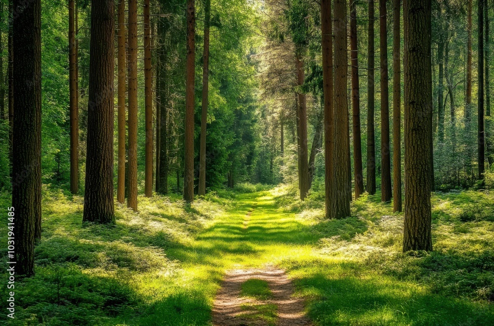 Poster a path through a forest with trees on either side. the path is lined with grass and the sunlight is 