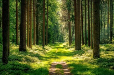 Fototapeta premium A path through a forest with trees on either side. The path is lined with grass and the sunlight is shining through the trees