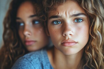 Worried mom comforting depressed crying teen daughter, mother supporting sad teenage girl having psychological puberty problem concept, Generative AI