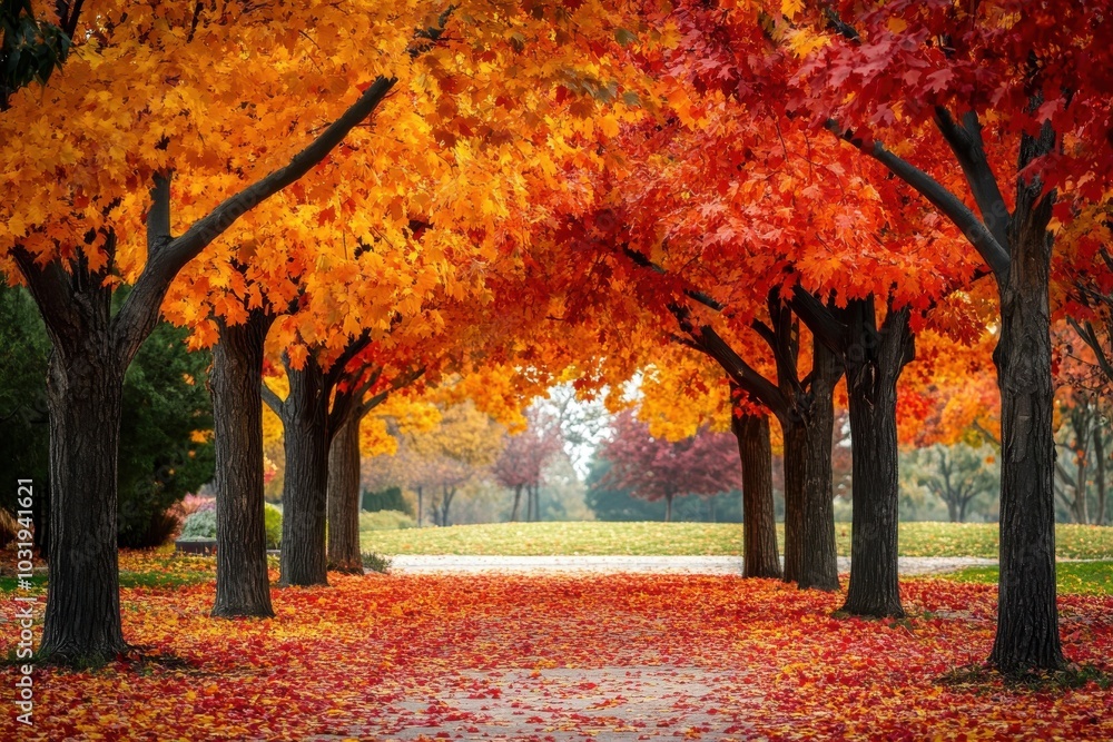 Poster a path lined with trees is covered in orange and red leaves. the leaves are falling from the trees, 