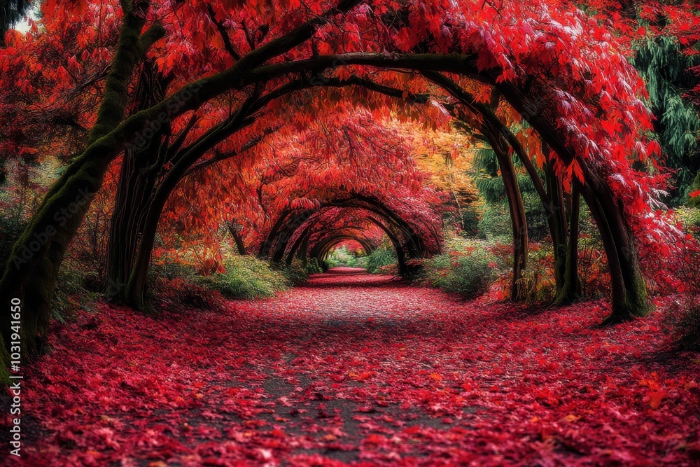 Fototapete a red leaf covered path with trees in the background. the path is lined with red leaves and the tree