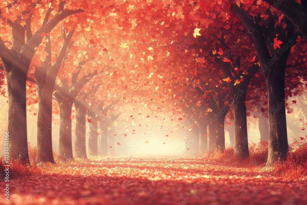Poster a path through a forest with trees and leaves on the ground. the leaves are orange and the trees are