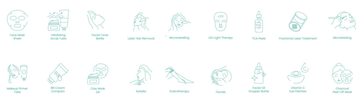 Face Mask, Exfoliating Scrub, Facial Toner, Laser Hair Removal, Microneedling, LED Light Treatment, TCA Peels, Fractional Laser Treatment, Microblading, Makeup Primer, BB Cream vector icons