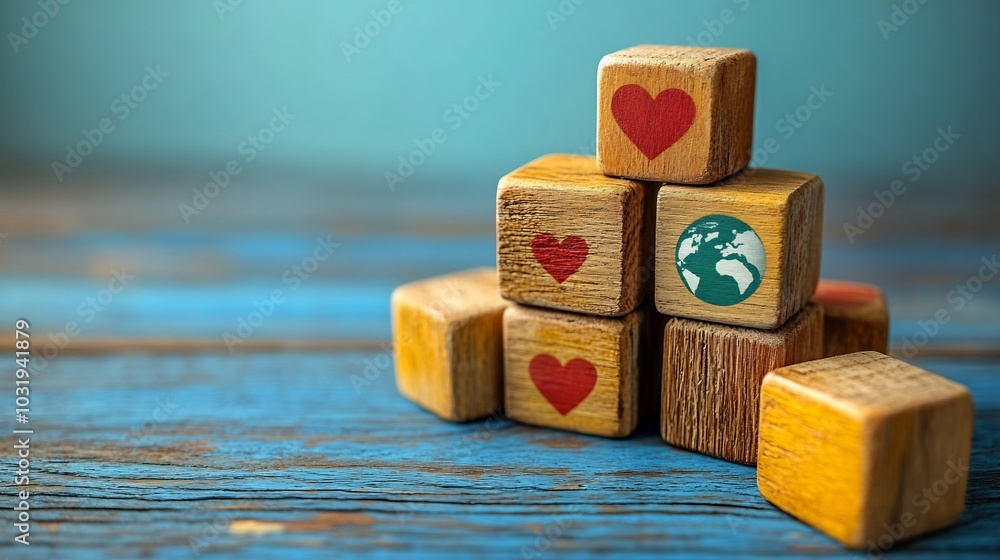 Poster creative world health day concept with globe symbols on wooden cubes placed against a smooth blue ba