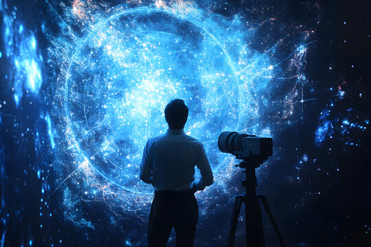 Astronomer observing deep space with a telescope, surrounded by a futuristic blue cosmic interface, representing space exploration, AI, astrophysics, technology, and the universe