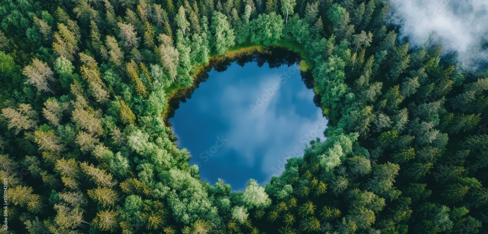 Poster a large pond surrounded by trees with a blue sky in the background. the pond is circular in shape an