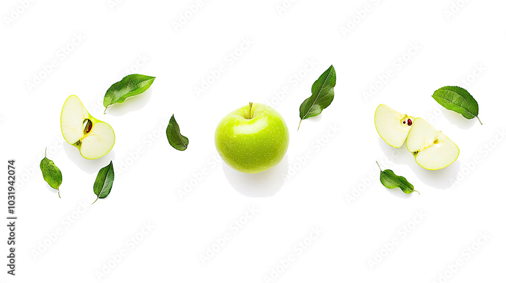 Poster fresh green apples and leaves arranged on a transparent background generative ai