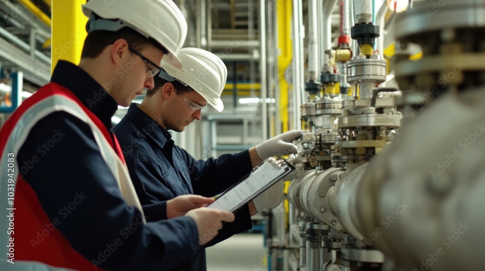 Poster engineers verifying safety protocols during the installation of hydraulic systems in a high-tech ind