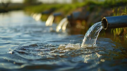 A pipe pours water into a calm pond, creating ripples and bubbles.