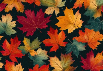 A black background with a variety of colorful leaves scattered throughout. The leaves are of different sizes and colors, including red, yellow, and green. Scene is vibrant and lively