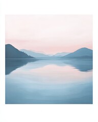 A painting of a lake with mountains in the background. The sky is pink and the water is blue