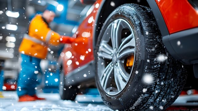 Close up detailed view of snow tires being professionally installed on the wheels of a car in a garage workshop setting