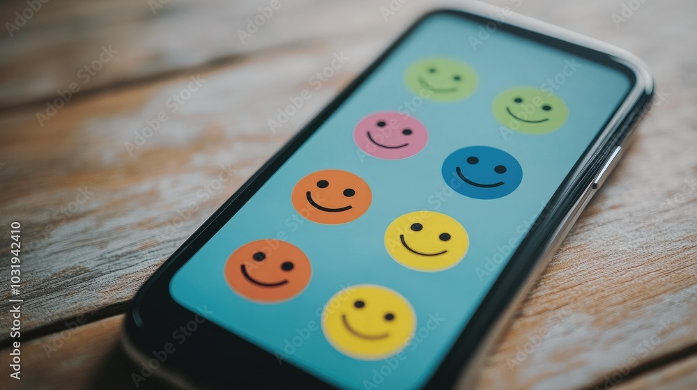 Poster an overhead shot of a smartphone displaying a feedback system with five emoji options, highlighting 
