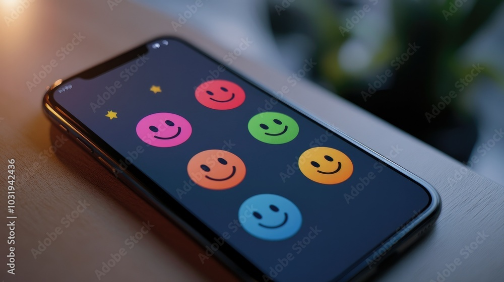 Poster an overhead shot of a smartphone displaying a feedback system with five emoji options, highlighting 