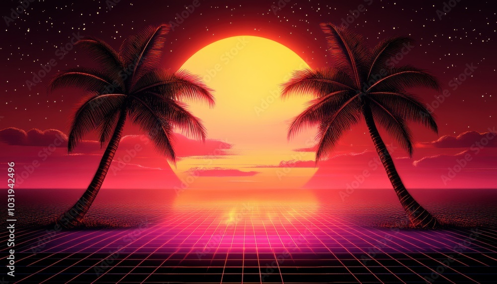 Poster a tropical beach scene with two palm trees and a large sun in the background. the scene is set in a 