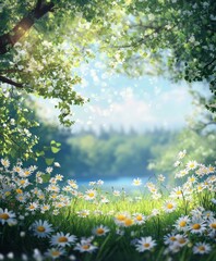 A spring meadow with daisies and trees, blurred background, bokeh effect, sunny day, blue sky, green grass, yellow flowers, digital backdrop, photography