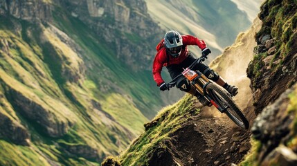 Obraz premium Extreme mountain biking down a steep, rocky trail, with riders tackling sharp turns and high-speed descents in a rugged outdoor environment