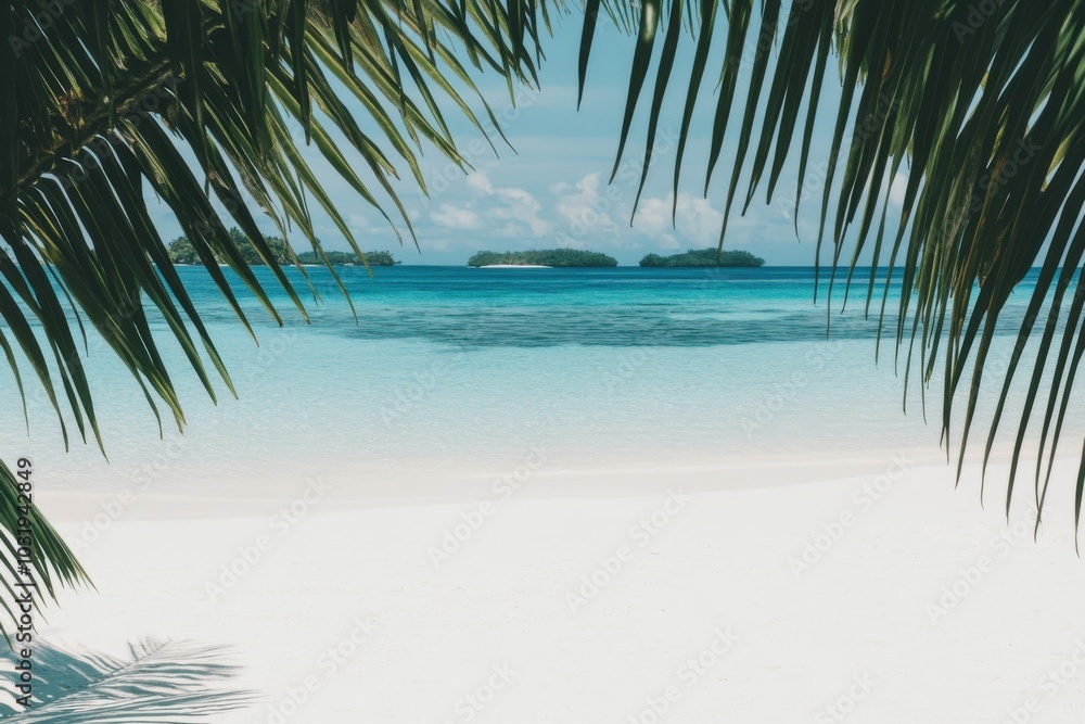 Poster a beautiful beach with palm trees and a clear blue ocean. the palm trees are in the foreground and t