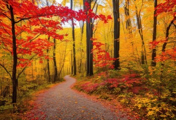 Obraz premium vibrant autumn leaves adorn scenic trails rich colors captivating forest environments under soft sunlight, scenery, paths, nature, outdoors, landscape, park