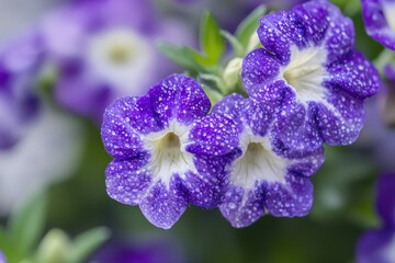 Obraz premium Vibrant purple flowers bloom in a garden, reflecting morning dew on delicate petals