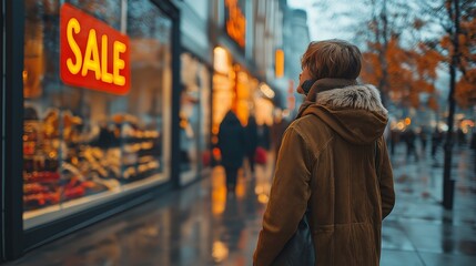 Obraz premium A person is standing in front of a store on which a sale is written. Discount season and sale, shopping
