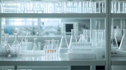 Glass beakers and test tubes on a laboratory shelf