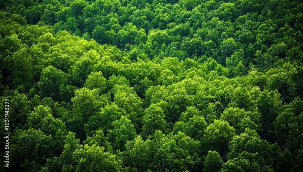 Poster a lush green forest with trees of various sizes. the trees are densely packed, creating a sense of d